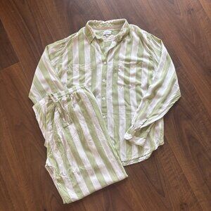 Piyama Long Pajama Set Green & White Stripe - Size M